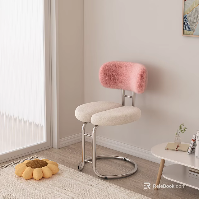 Modern Minimalist Single Chair With Pink Fluffy Backrest Cream Seat And Silver Metal Legs 3d model 