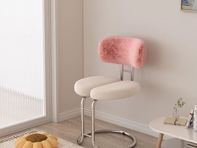 Modern Minimalist Single Chair With Pink Fluffy Backrest Cream Seat And Silver Metal Legs 3d model