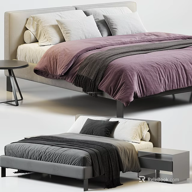 Modern Double Bed Design With Purple Gray Bedding Pillows And Side Table 3d model