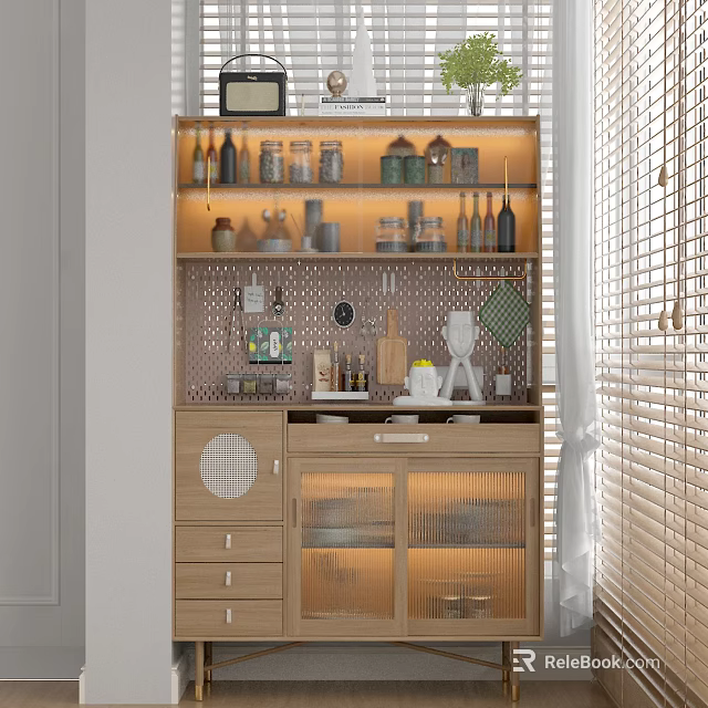 Wooden Sideboard with Open Shelves Glass Cabinets Drawers and Hanging Kitchen Utensils 3d model 