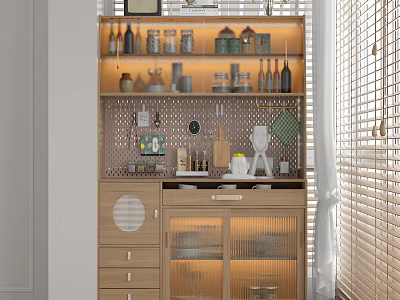 Wooden Sideboard with Open Shelves Glass Cabinets Drawers and Hanging Kitchen Utensils 3d model