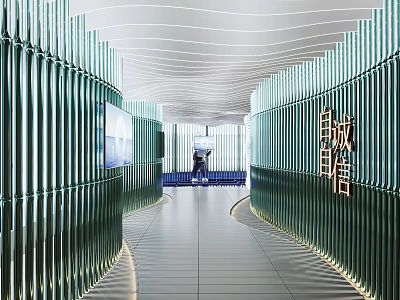 Futuristic Exhibition Hall Interior with Curved Glass Walls Digital Screens and Ambient Lighting Design Features 3d model