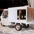 Garden Flower Pots Transported By White Cargo Tricycle On Stone Path