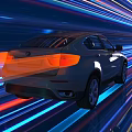 Dark Car Driving Through Tunnel With Colorful Radial Light Streaks Blue Red Orange Bright Taillights