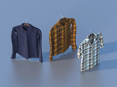 Various Colored Clothing Hanging On Hangers Dark Blue Yellow Plaid And Blue White Plaid Shirts 3d model