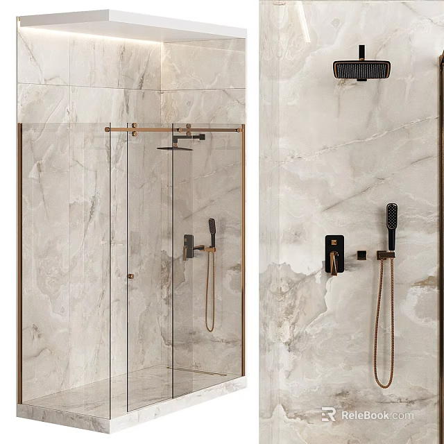 Elegant Modern Shower Head System With Handheld Spray Glass Enclosure And Marble Wall Design 3d model 