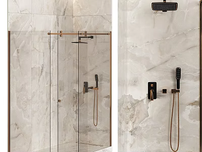 Elegant Modern Shower Head System With Handheld Spray Glass Enclosure And Marble Wall Design 3d model