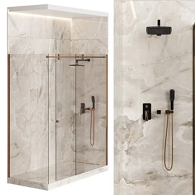 Elegant Modern Shower Head System With Handheld Spray Glass Enclosure And Marble Wall Design 3d model