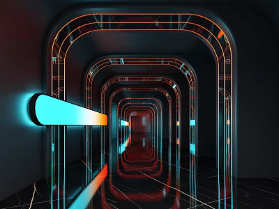 Futuristic Bar Interior With Blue Orange Neon Lights Curved Arches And Reflective Glossy Floors 3d model