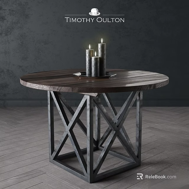 Round Wooden Dining Table With Metal X Shaped Legs And Lit Candles Against Dark Wall 3d model 