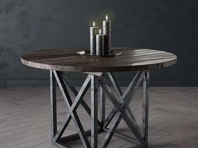 Round Wooden Dining Table With Metal X Shaped Legs And Lit Candles Against Dark Wall 3d model