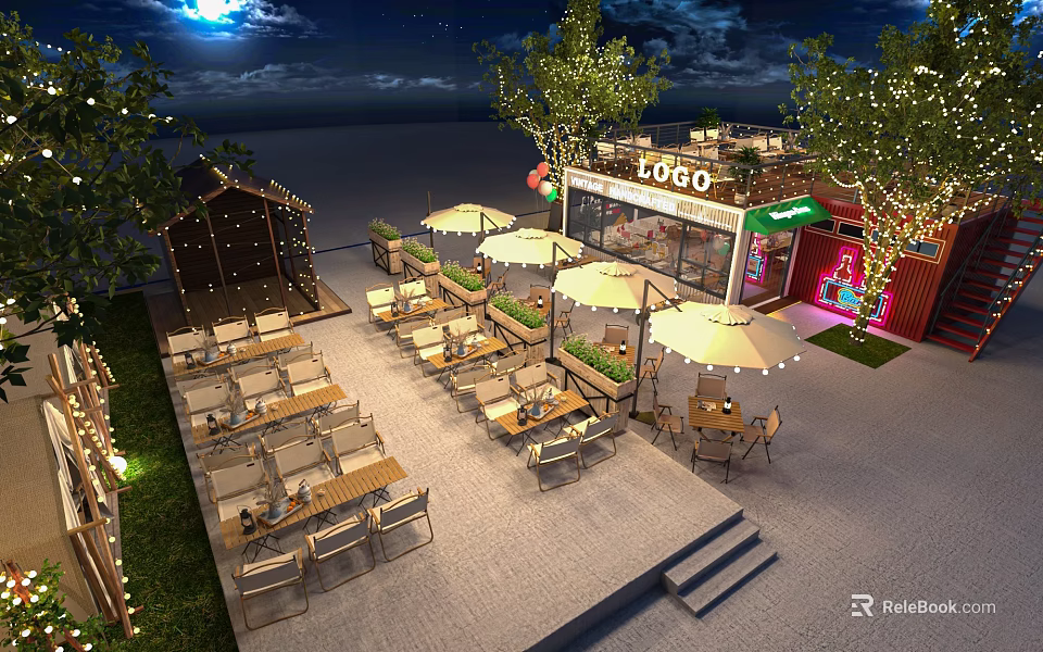 Outdoor Restaurant Nighttime Ambiance With Wooden Cabin Decor Outdoor Seating Umbrellas Trees And Neon Signage 3d model 