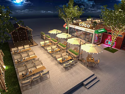 Outdoor Restaurant Nighttime Ambiance With Wooden Cabin Decor Outdoor Seating Umbrellas Trees And Neon Signage 3d model