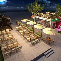 Outdoor Restaurant Nighttime Ambiance With Wooden Cabin Decor Outdoor Seating Umbrellas Trees And Neon Signage