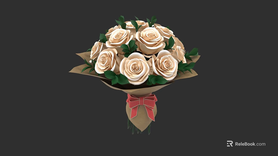 Botanical Painting of Beige Roses with Green Leaves Brown Paper Wrapping and Red Bow 3d model 