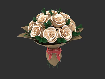 Botanical Painting of Beige Roses with Green Leaves Brown Paper Wrapping and Red Bow 3d model