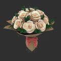 Botanical Painting of Beige Roses with Green Leaves Brown Paper Wrapping and Red Bow