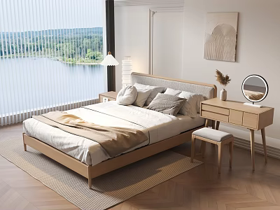 Modern Double Bed with Scenic Lake View Wooden Nightstand and Dressing Table 3d model