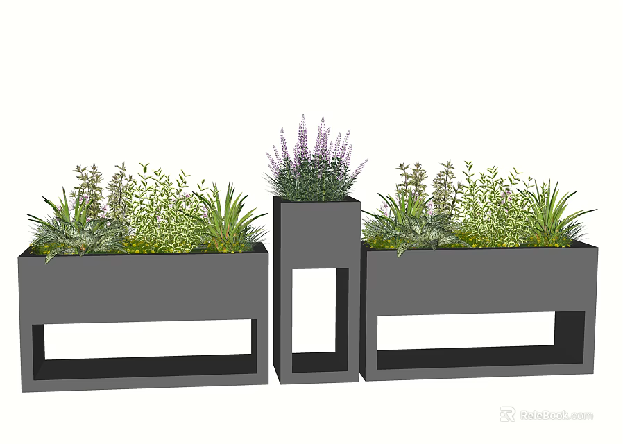 Modern Black Geometric Planters With Mixed Green Plants And Purple Flowers 3d model 