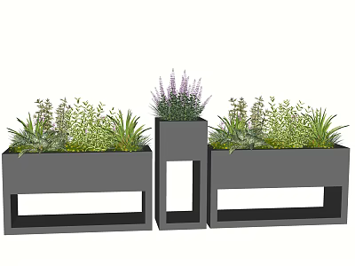 Modern Black Geometric Planters With Mixed Green Plants And Purple Flowers 3d model
