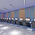 Innovative Internet Cafe Interior With Modern Computers Comfortable Chairs And Blue Accent Walls 3d model