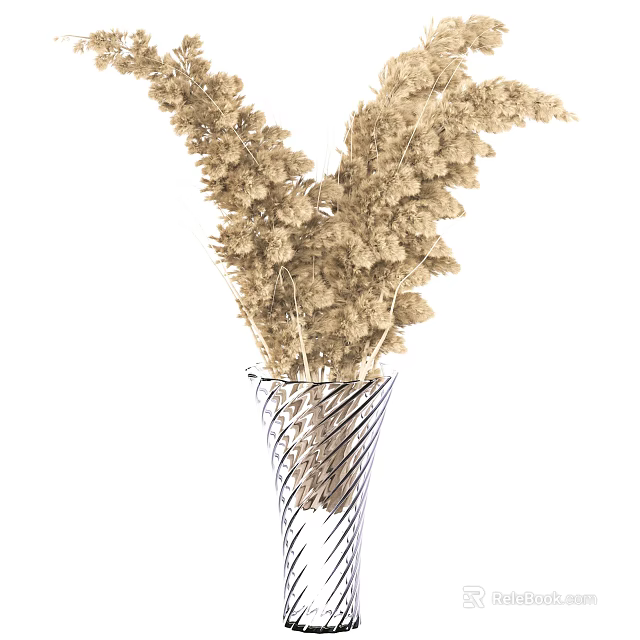Twisted Metallic Vase With Light Brown Dried Wheat Like Flowers Arrangement 3d model 