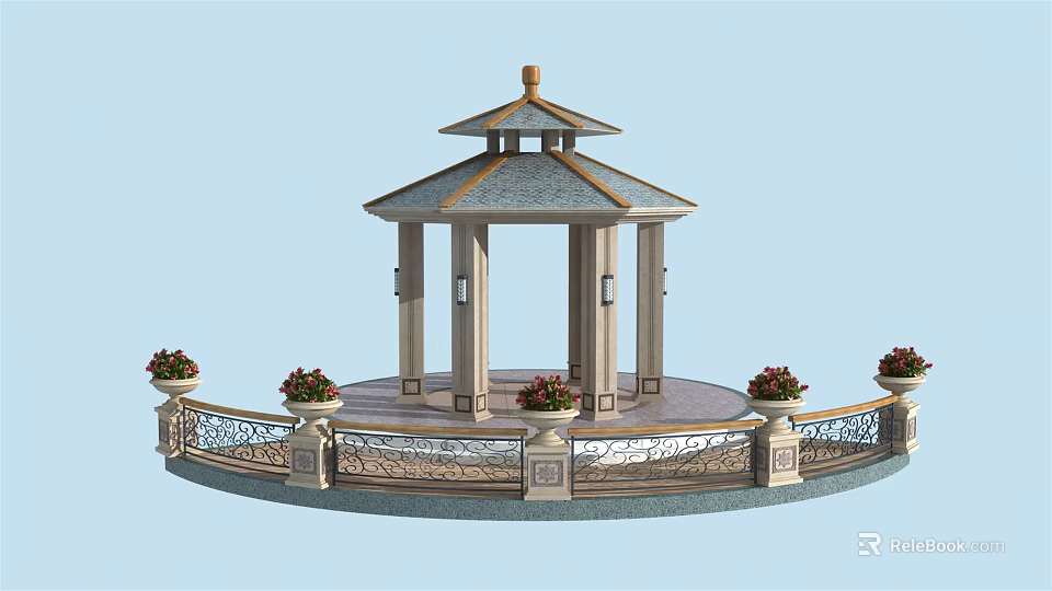 Traditional Chinese Style Pavilion With Tiered Roof Stone Pillars Ornate Railing And Flower Pots 3d model 