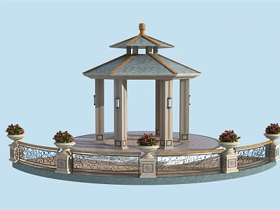 Traditional Chinese Style Pavilion With Tiered Roof Stone Pillars Ornate Railing And Flower Pots 3d model
