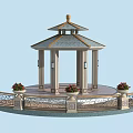 Traditional Chinese Style Pavilion With Tiered Roof Stone Pillars Ornate Railing And Flower Pots