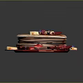 Stack of Pancakes with Banana Slices Strawberries Blueberries and Syrup on Lace Doily Plate
