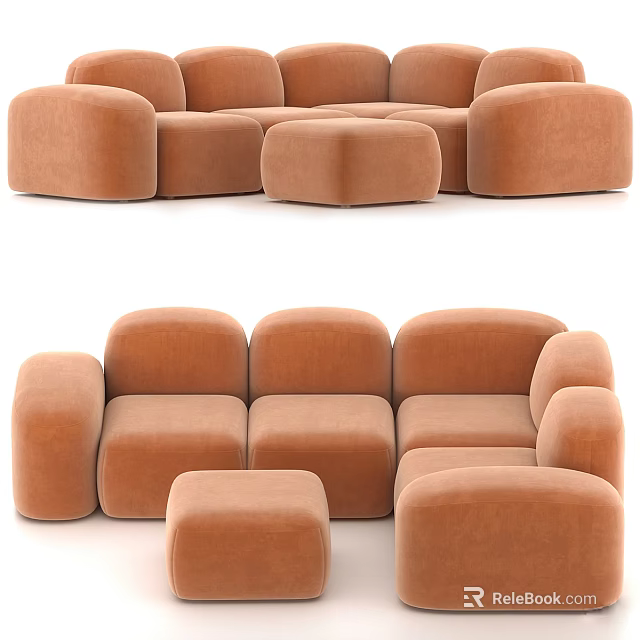 Brown Velvet Sectional Sofa With Modern Rounded Design And Matching Ottoman Seats 3d model 