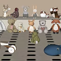 Plush Stuffed Animal Toys Featuring Various Animal Designs On Shelf And Carpet With Wooden Tricycle
