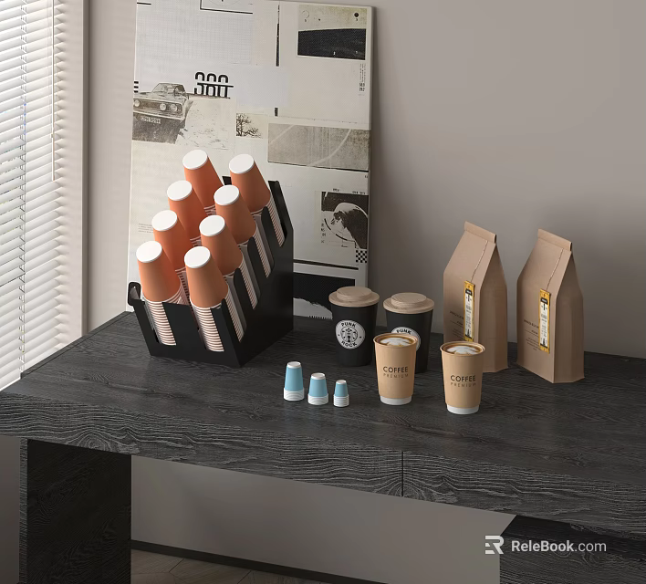 Coffee Supplies Setup On Table With Orange Stacked Cups Black Rack And Brown Bags 3d model 