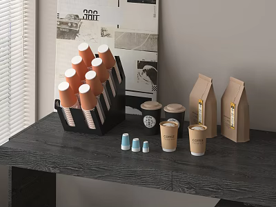 Coffee Supplies Setup On Table With Orange Stacked Cups Black Rack And Brown Bags 3d model