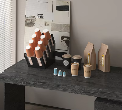 Coffee Supplies Setup On Table With Orange Stacked Cups Black Rack And Brown Bags 3d model
