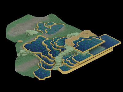 Microtopography Design Featuring Green Turf Blue Water Bodies Yellow Platforms And Stone Accents 3d model