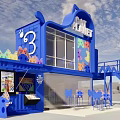Cat Planet Themed Blue Outdoor Restaurant With Colorful Decor Dining Tables And Staircase