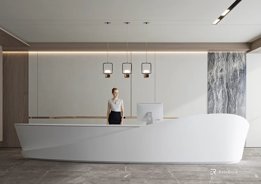 Modern Front Desk Reception Area With White Curved Desk Professional Woman And Hanging Pendant Lights 3d model 
