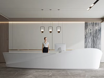 Modern Front Desk Reception Area With White Curved Desk Professional Woman And Hanging Pendant Lights 3d model