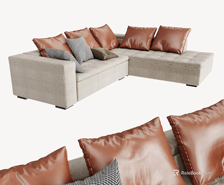 Comfortable Light Gray Fabric Sectional Sofa With Brown Leather And Gray Decorative Pillows 3d model
