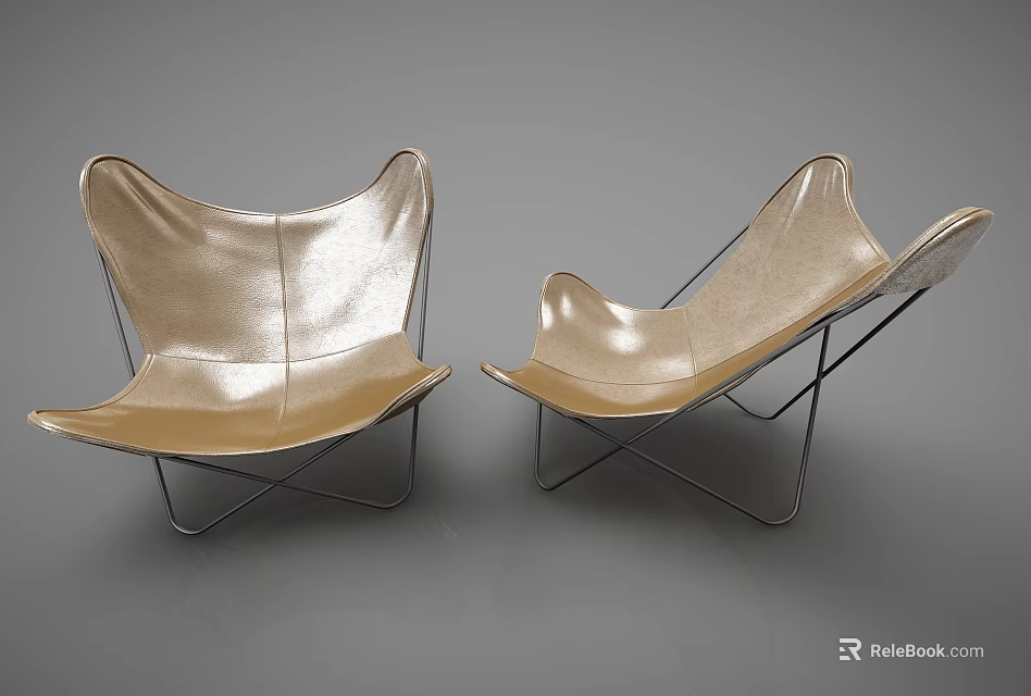 Two Modern Butterfly Shaped Leisure Chairs With Golden Leather And Metal Frame 3d model 