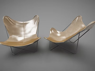 Two Modern Butterfly Shaped Leisure Chairs With Golden Leather And Metal Frame 3d model