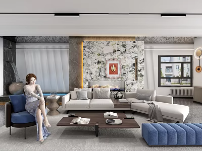 Elegant Modern Living Room Sofa And Coffee Table Set With Blue Ottoman And Decorative Wall 3d model
