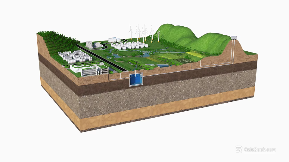 Commercial Equipment for Eco Energy Facility with Wind Turbines Green Hills and Underground Structures 3d model 