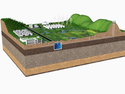 Commercial Equipment for Eco Energy Facility with Wind Turbines Green Hills and Underground Structures 3d model