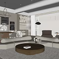 Modern Living Dining Room Interior With Sofa Round Coffee Table Island Counter And Large Windows