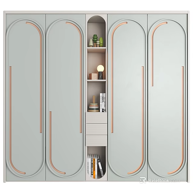 Modern Light Grey Wardrobe With Arc Door Design Rose Gold Trim And Open Shelf 3d model 