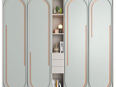 Modern Light Grey Wardrobe With Arc Door Design Rose Gold Trim And Open Shelf 3d model