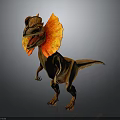 Dilophosaurus Dinosaur Character with Orange Red Frill and Brown Yellow Body Standing on Grey Background