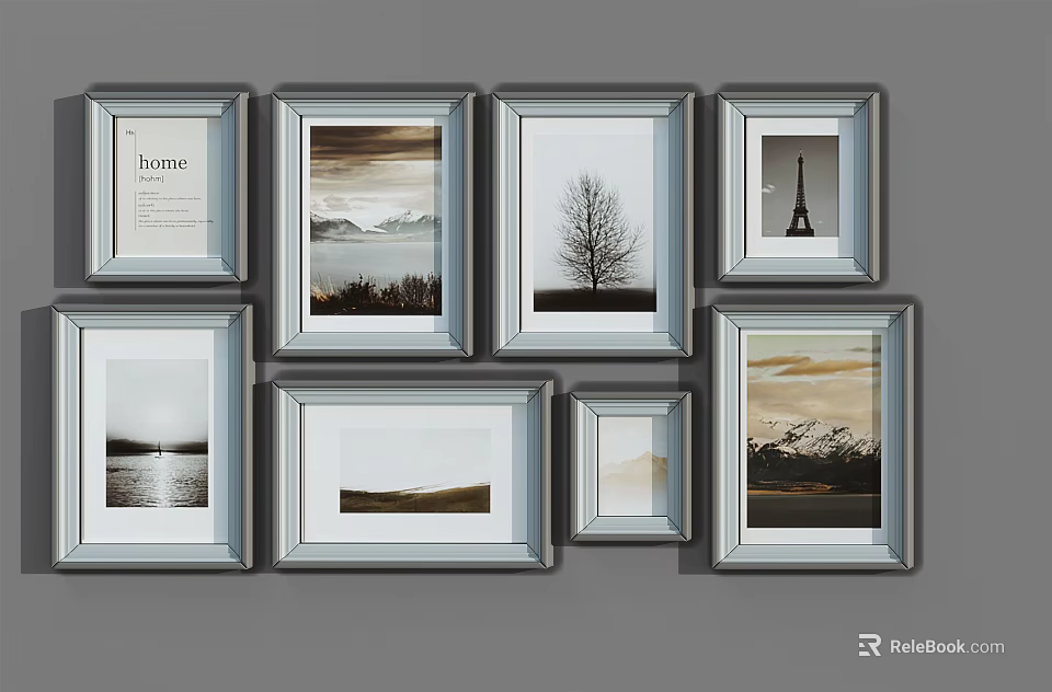 Stylish Picture Frames Collage With Various Landscape Art On Gray Wall 3d model 